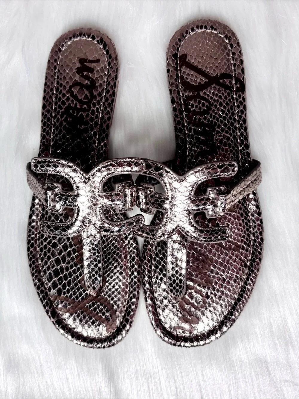 SAM EDELMAN Metallic Snake-Embossed Sandals - Picture 2 of 11